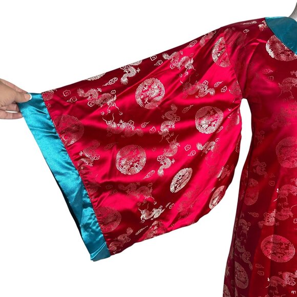 Vintage 90s Storybook Heirlooms Kimono Small Red Satin Dragon Long Sleeves - Picture 4 of 8